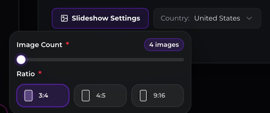 Country and language selection in the Oumomo TikTok Slideshow Maker
