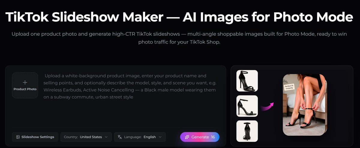 Uploading a product photo to the Oumomo TikTok Slideshow Maker and adding the product name and selling points