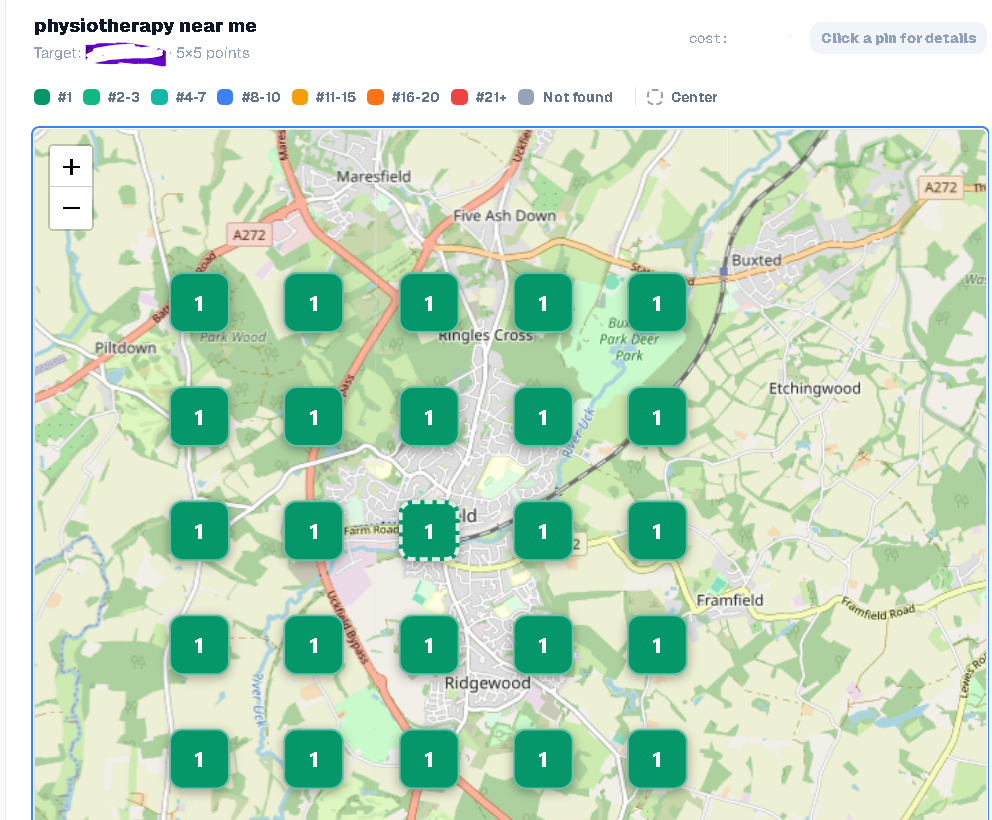 A 5 by 5 local search grid centred on Uckfield, East Sussex, showing rank 1 at all twenty-five measurement points